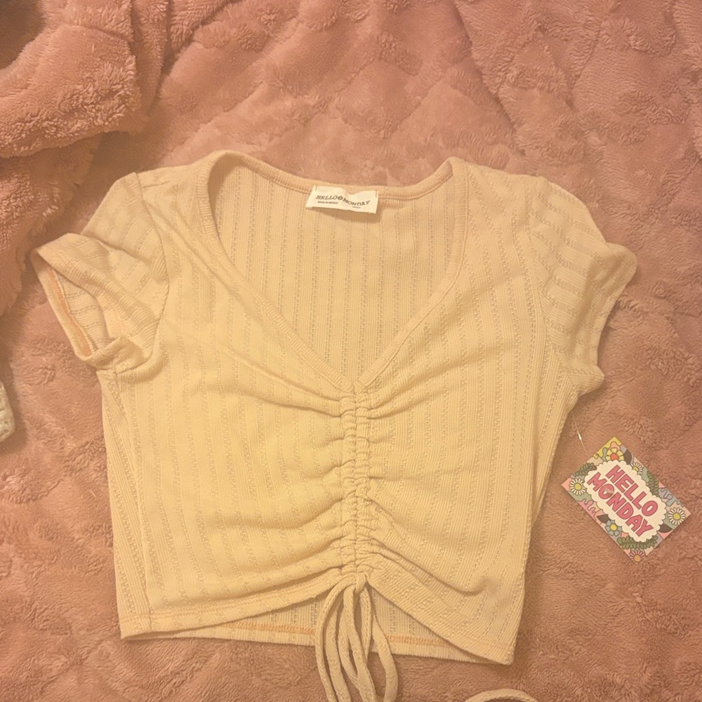 Beige Ruched Drawstring Crop Top